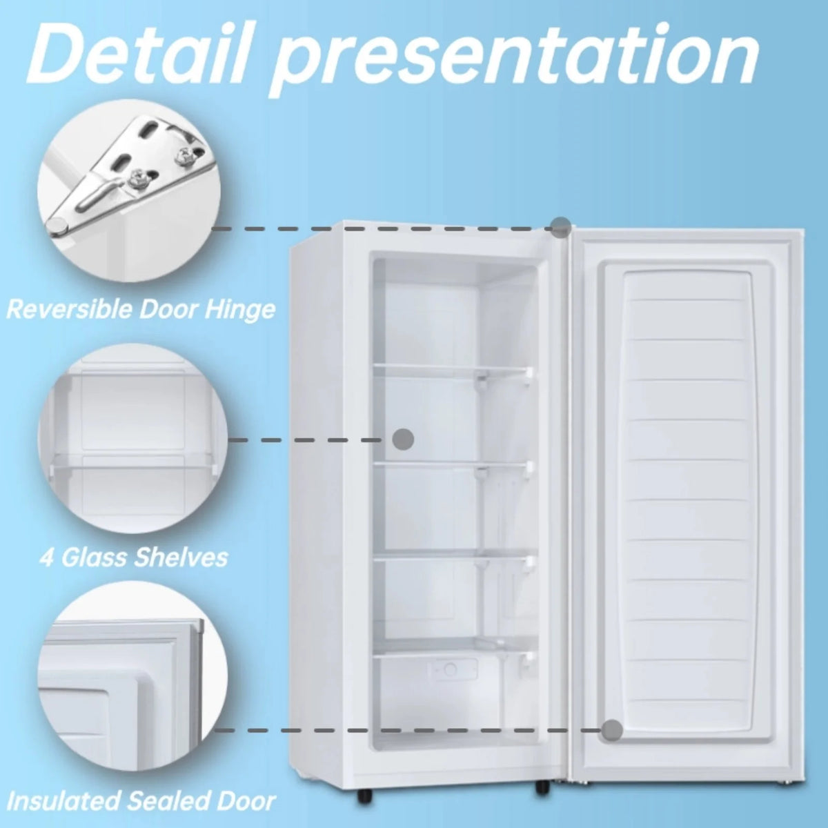 Auseo 7 Cu. ft. Upright Freezer with 4 fixed grid shelves, Space Saving, Adjustable Temperature Controls, Garage Ready deep Freezer, Manual Defrost, White