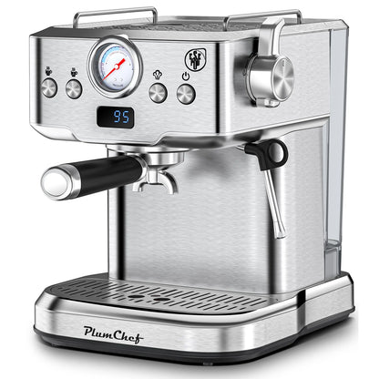 Plum Chef Espresso Machine 20 Bar Maker Coffee Machine 1.8L Water Tank, Stainless Steel, Silver