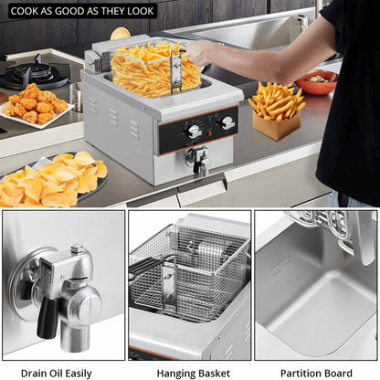 Aoile 6.3 Qt Commercial Electric Deep Fryer with Basket, Timer & Drain, Countertop Oil Fryer in Stainless Steel