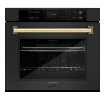 ZLINE 30 in. Autograph Edition Professional Convection Single Wall Oven with Air Fry and Self Clean in Black Stainless Steel with Polished Gold Handle (WASBZ-30-G)