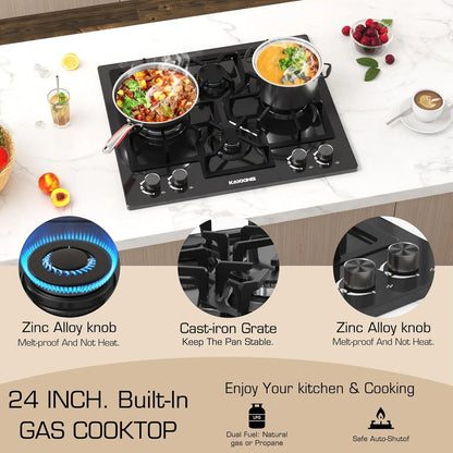 24 Inch Black Gas Cooktop - Built-in Dual Fuel Natural Gas & Propane Stove - 4 Burner Convertible Cooktop with Thermocouple Protection