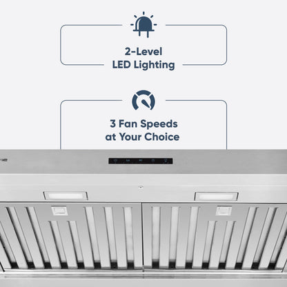 Pacific Economy Pro Under Cabinet Ducted Range Hood 30 inch - 850 CFM 3-Speed Powerful Kitchen Vent Hood - Electric Stainless Steel - Ultra Quiet, Glass Touch Control, 6W LED Lights PR6830AS