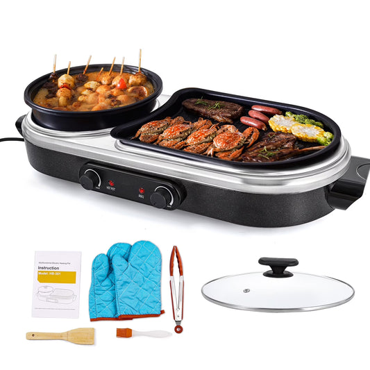 ZXMT 2 in 1 Electric Hot Pot with Grill Combo 2100W Indoor Griddle Dual Temperature Control Non-Stick Korean BBQ Shabu Pan