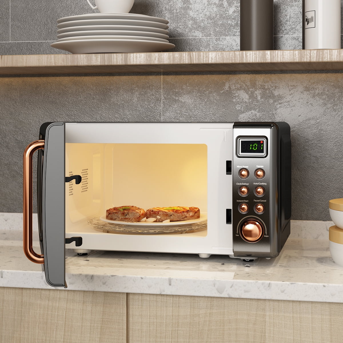 Costway 0.7Cu.ft Retro Countertop Microwave Oven 700W LED Display Glass Turntable Rose Gold