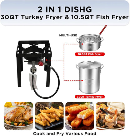 Red Mountain Valley Outdoor Propane Turkey Deep Fryer Set 30&10 Quart Fish Fryer with Basket, 50,000 BTU Burner, Large Seafood Boiler Kit, Outdoor Cooking for Frying, Boiling