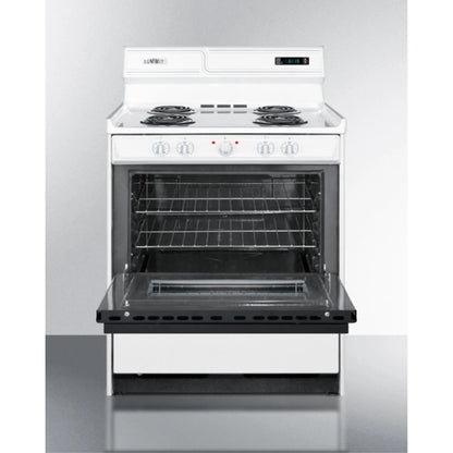 30" wide electric coil top range in white with black door, oven window, and high backguard