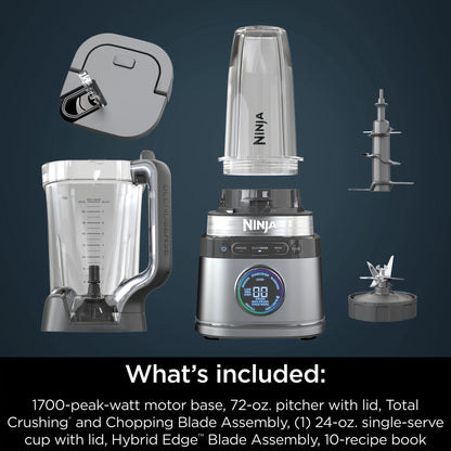 Ninja Detect Duo Power Blender + Personal Single-Serve, BlendSense Technology, Kitchen Countertop, 1700 Watts, 72 oz Pitcher, 24 oz Cup, TB300 Silver