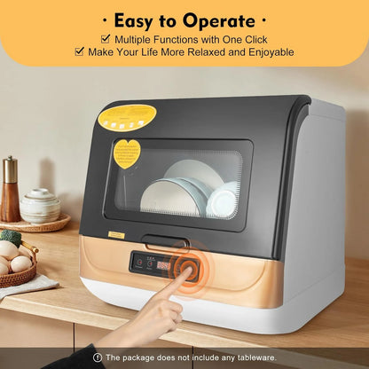 Countertop Dishwasher, Portable Dishwasher With Water Tank, 3 Washing Programs, 360-Degree Water Spraying, 75��C Hot Air Drying Technology, 110v, 1200w (Black+Brown)