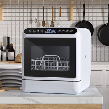 Happydeer Portable Countertop Dishwasher with 5L Water Tank, Automatic Smart Countertop Dishwasher, Mini Dishwasher with 5 Place Settings, 2-Tier Rack, 3-Spray Arm, Air-Dry Function