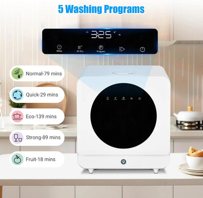 M optimized Portable Dishwasher Countertop, 6 Washing Programs Tabletop Dishwasher with 5L Built-In Water Tank, Air-Dry Function, LED Display & Touch Control, Dual Spray Rinsing