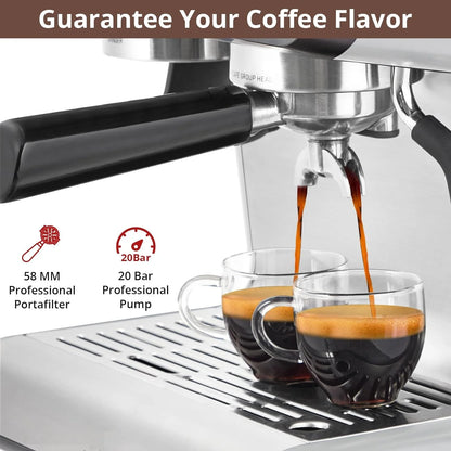 COZONY Espresso Machine 15 Bar, 2.5 L Water Tank, Semi Automatic Coffee Maker with Grinder, Milk Frother/Steam Wand, Italian Pump, All-in-One Espresso Machine, Stainless Steel, Silver
