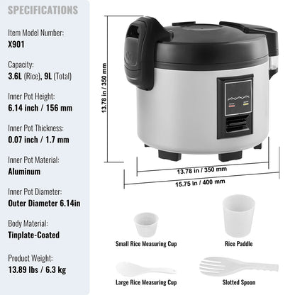 KFFKFF Industrial Rice Steamer, 45-Cup Capacity, 9.51 Qt / 9 Liter Voluminous Rice Maker and Heater with Nonstick Cooking Chamber, Swift Preparation and 12-Hour Heat Retention