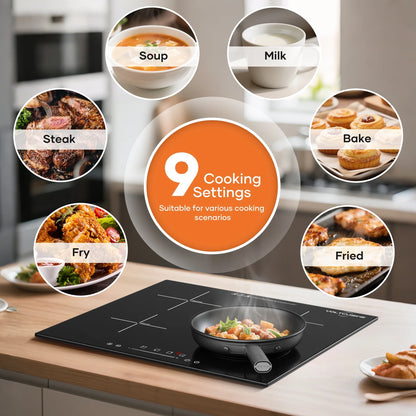 VoltCuisine Double/Dual Induction Cooktop 2 Burner, Shatter-proof Flat Glass Top, 9 Heat Settings, LED Touch Display with Child Safety Lock & Overheat Protection