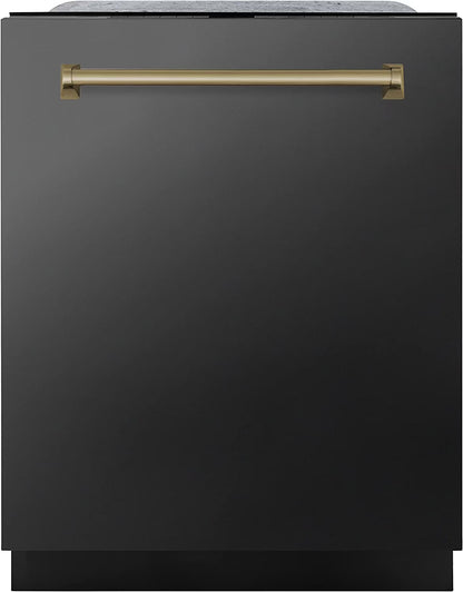 ZLINE Autograph Edition 24" 3rd Rack Top Touch Control Tall Tub Dishwasher in Black Stainless Steel with Gold Handle, 45dBa (DWMTZ-BS-24-G)