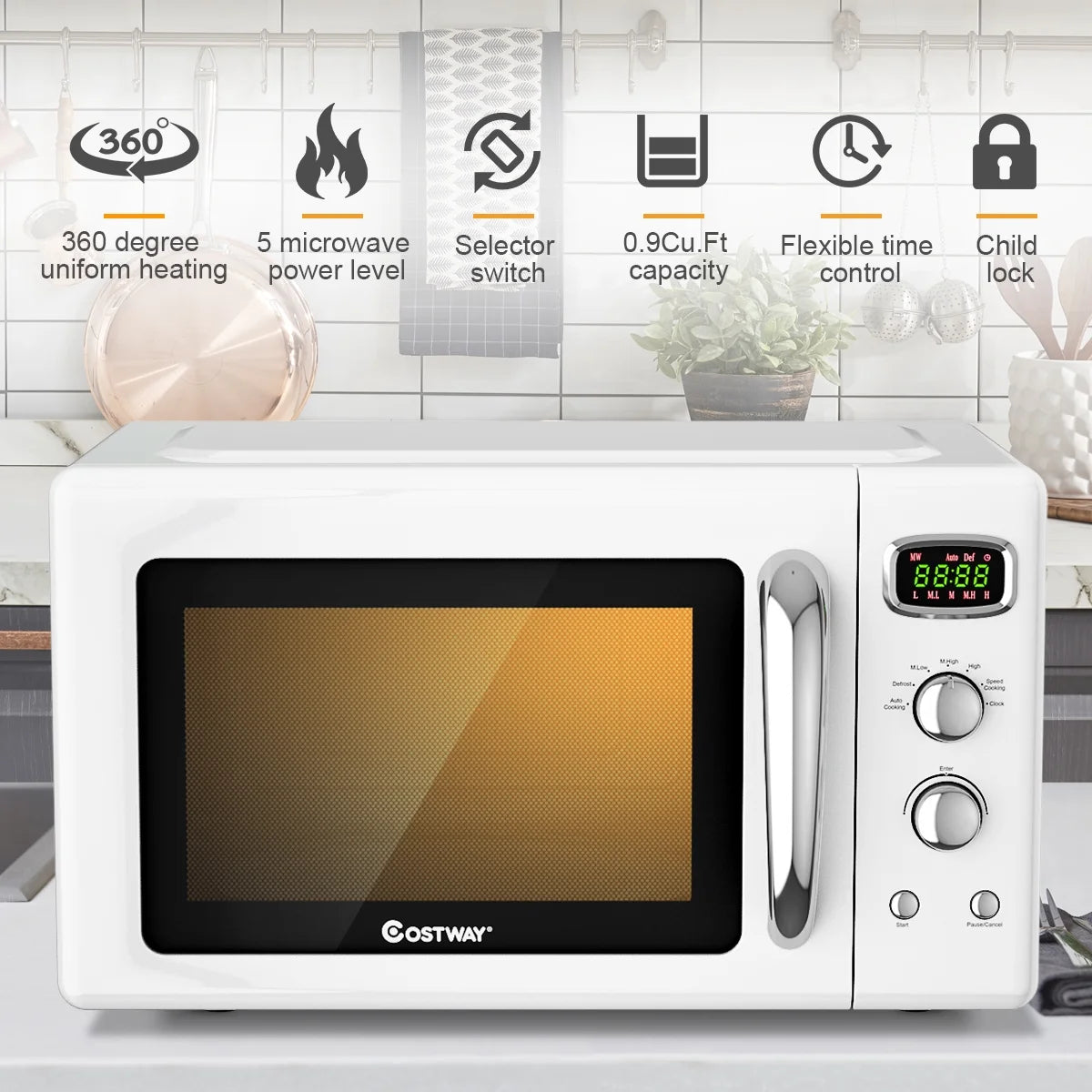 Costway 0.9Cu.ft. Retro Countertop Compact Microwave Oven 900W 8 Cooking Settings White