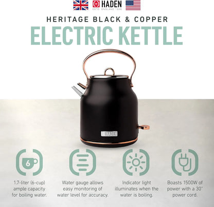 Heritage 1.7L Stainless Steel Electric Water Tea Kettle, Black & Copper