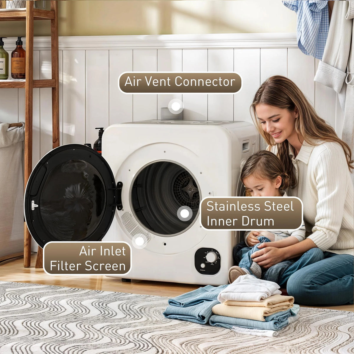 Resenkos Compact Laundry Dryer 1300W Portable Clothes Dryer with 3.2 cu.ft Stainless Steel Drum, Front Load Electric Dryer, Gray