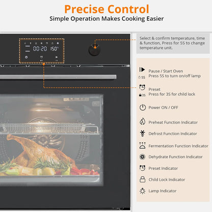 HELLONE 24" Single Wall Oven, Built-in Electric Ovens with 11 Cooking Modes, 3000W, 240V, 2.5 CF Convection Built-in Oven, Stainless Steel, Touch Control, Timer, Safety Lock