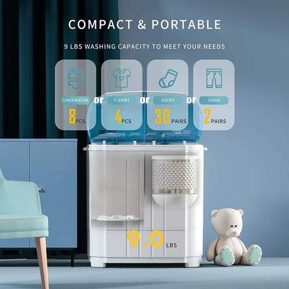 Auertech Portable Washer 14lbs Mini Twin Tub Compact Semi-Automatic Washer Spinner Combo, Gravity Drain