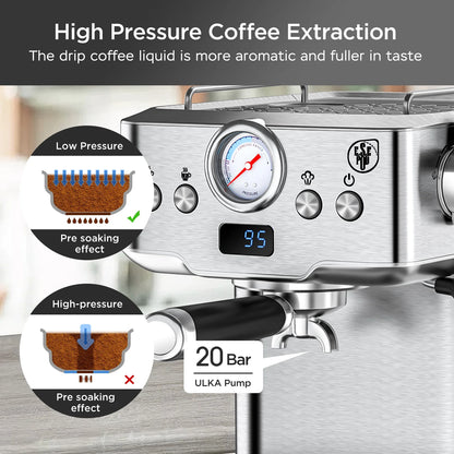 Plum Chef Espresso Machine 20 Bar Maker Coffee Machine 1.8L Water Tank, Stainless Steel, Silver