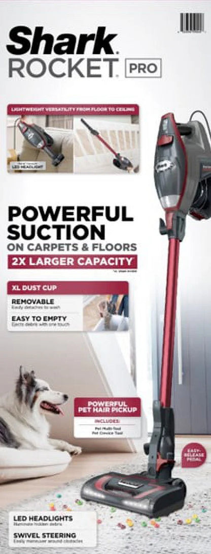 Shark Rocket Pro Corded Stick Vacuum, Removable Hand Vacuum, Hardwood Floors and Carpet, Advanced Swivel Steering, Pet-Friendly, XL Capacity, Ultra-Lightweight, HV370 Comet Red