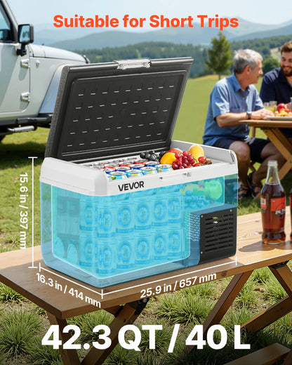 VEVOR Portable Car Refrigerator 42 Qt, 12V Portable Freezer with Single Zone, 12/24V DC & 110-240V AC Electric Cooler with -4�H-68�H Cooling Range, for Car Truck Vehicle RV Boat Outdoor & Home use