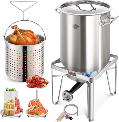 52QT Stainless Steel Turkey Fryer Pot and Burner Kit, Propane Burners, Tamale Steamer Pot with Basket, Steamer Rack, for Outdoor Cooking, Seafood Boil, Crawfish Boil, Home Brewing