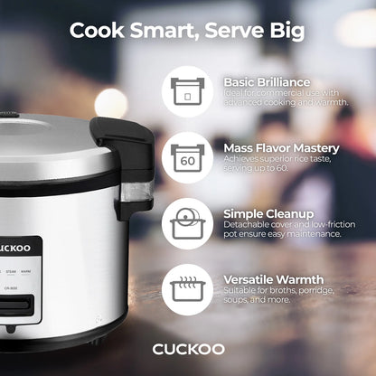 Cuckoo Stainless Steel Rice Cooker 60 Cups Cooked Warmer with Nonstick Pot Easy Switch Start Silver/Black (CR-3032)