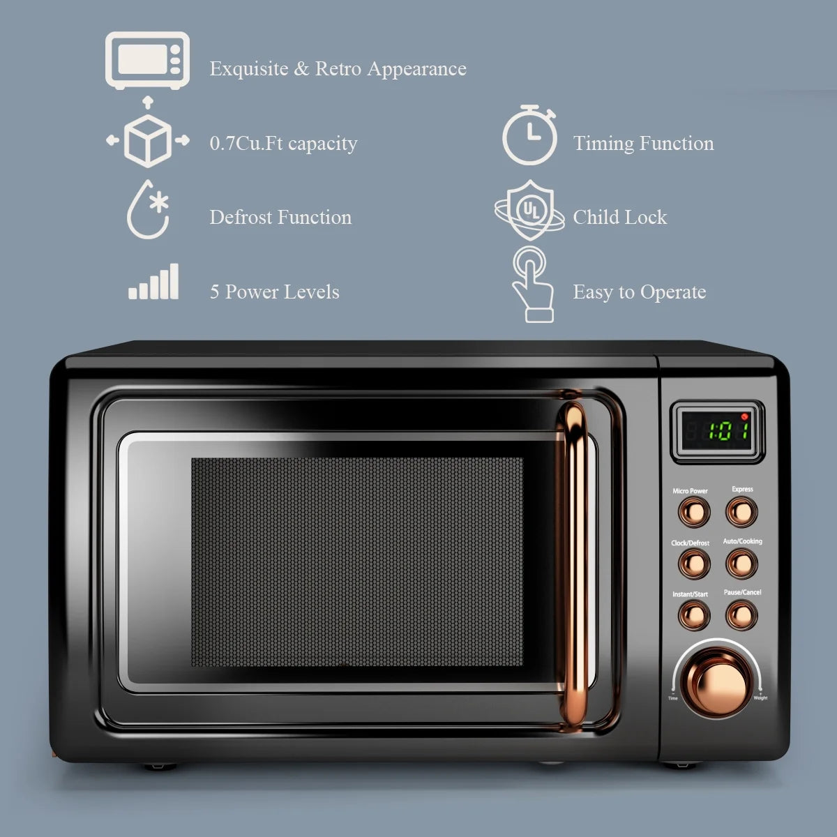 Costway 0.7Cu.ft Retro Countertop Microwave Oven 700W LED Display Glass Turntable Rose Gold