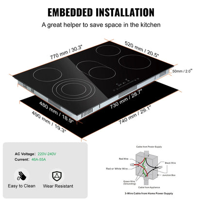 KFFKFF 8600W Electric Ceramic Cooktop, 30" 5 Burners Built-in Countertop Burners Cooker Touch Control, Overheat Protection, Child Lock, 9 Power Levels, 220-240V (NO Plug)