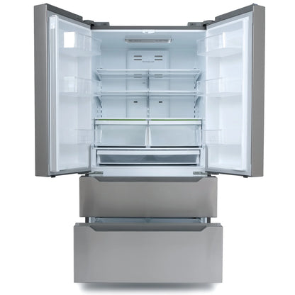 Cosmo 4 Piece Kitchen Appliance Packages with 36" Freestanding 220/240V Dual Fuel Range 36" Under Cabinet Mount Range Hood 24" Built-in Dishwasher & French Door Refrigerator Kitchen Appliance Bundles