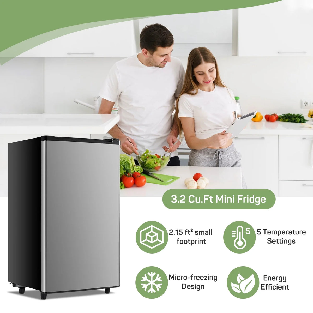 Mini Fridge 3.2 Cu. ft Single Door, 5 Star Energy Efficient, Low Noise, 5 Adjustable Thermostat & Removable Glass Shelves, Silver