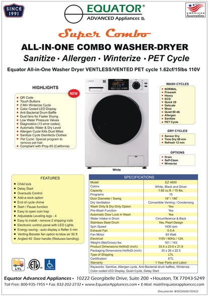 Equator 1.62 cu.ft./15 lbs All in One Combo Washer Dryer with Pet Cycle Silver