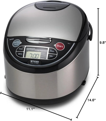 Tiger JAX-T18U-K 10-Cup (Uncooked) Micom Rice Cooker with Food Steamer & Slow Cooker, Stainless Steel Black