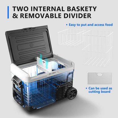 Simzlife 12V Car Refrigerator, 37QT Electric Cooler DC/AC, -4℉~68℉, RV Freezer Fridge Cooler with Wheels & 2 Baskets