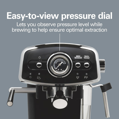 Hamilton Beach 15-Bar, 2 Cup Espresso Machine, Slide & Lock Espresso Maker with Milk Frother, Black & Chrome