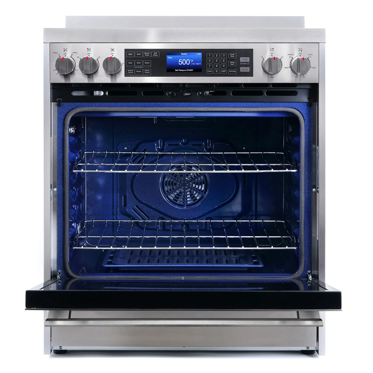 Cosmo 5 Piece Kitchen Appliance Packages with 30" Freestanding Electric Range 30" Island Range Hood 24" Built-in Fully Integrated Dishwasher French Door Refrigerator & 48 Bottle Wine Refrigerator