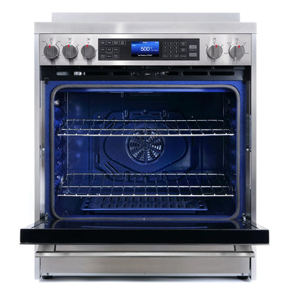 Cosmo 5 Piece Kitchen Appliance Packages with 30" Freestanding Electric Range 30" Island Range Hood 24" Built-in Fully Integrated Dishwasher French Door Refrigerator & 48 Bottle Wine Refrigerator