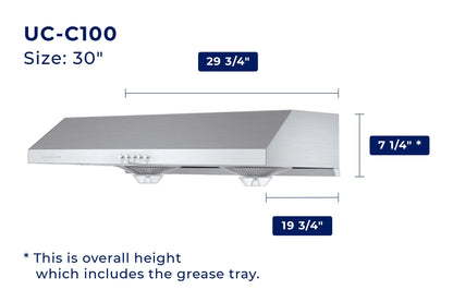 Hauslane Chef Series C100 30-inch Under Cabinet Range Hood, Stainless Steel, Energy Efficient LED, 6 Inch Duct