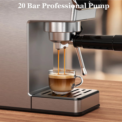 Espresso Machine 20 Bar, Rapid Cold Brew, Stainless Steel Coffee Machine with 40oz Removable Water Tank for Cappuccino, Latte, Silver