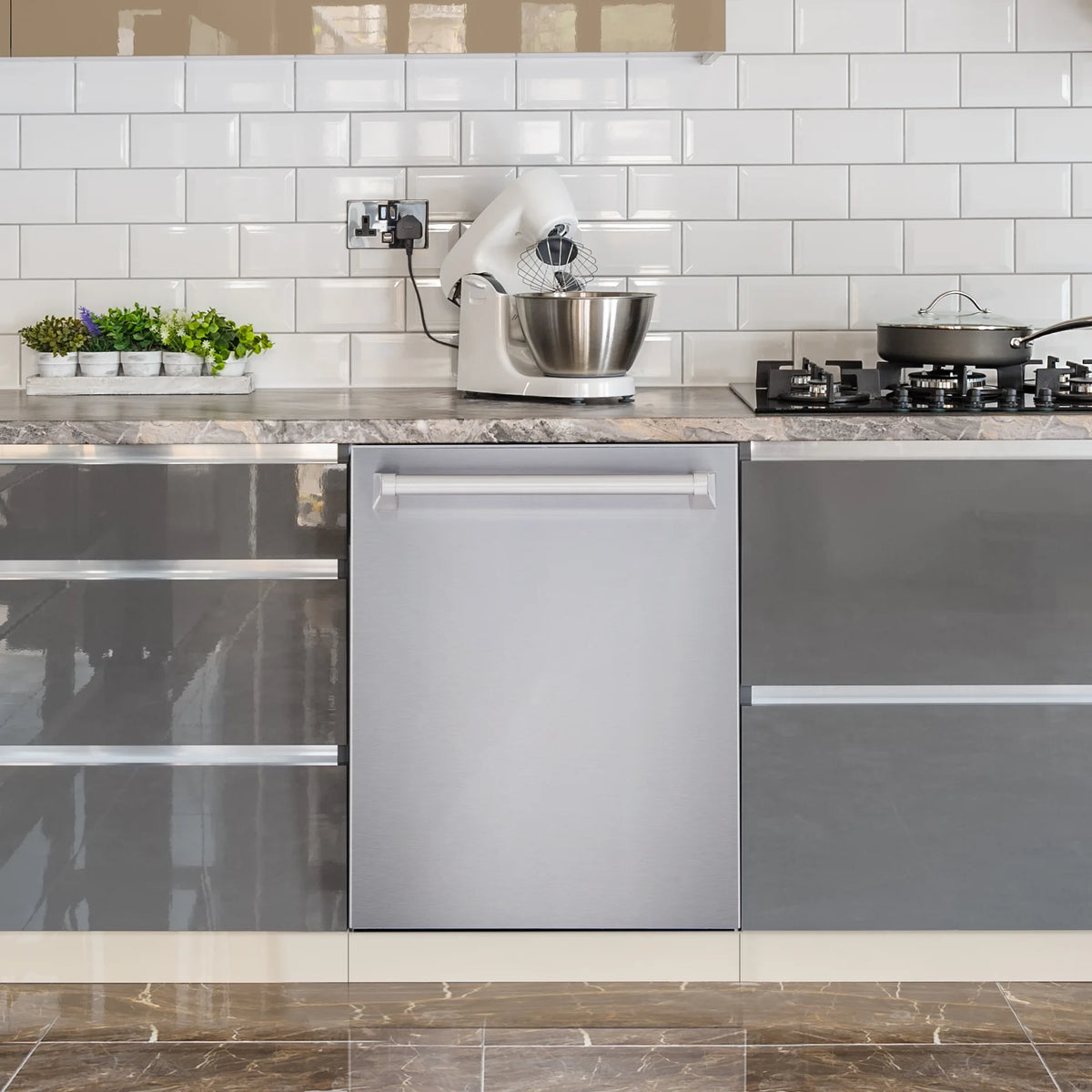 Cosmo 4 Piece Kitchen Appliance Packages with 36" Freestanding 220/240V Dual Fuel Range 36" Under Cabinet Mount Range Hood 24" Built-in Dishwasher & French Door Refrigerator Kitchen Appliance Bundles