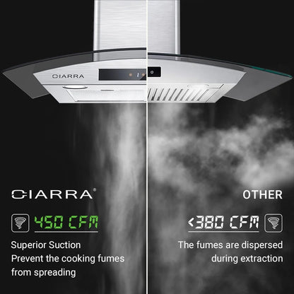 CIARRA Wall Mount Range Hood 30 inch with Tempered Glass 450 CFM Kitchen Vent Hood Ductless Ducted Convertible CAS50275