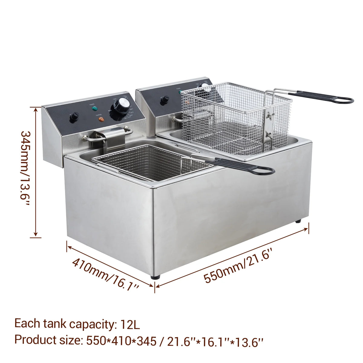 Yesurprise 6/10/12L Commercial Electric Deep Fryer Dual Tank w/Basket & Lid Countertop Stainless Steel Deep Fryer for Large Tank French Fries Onion Rings
