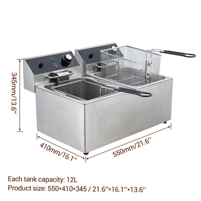 Yesurprise 6/10/12L Commercial Electric Deep Fryer Dual Tank w/Basket & Lid Countertop Stainless Steel Deep Fryer for Large Tank French Fries Onion Rings
