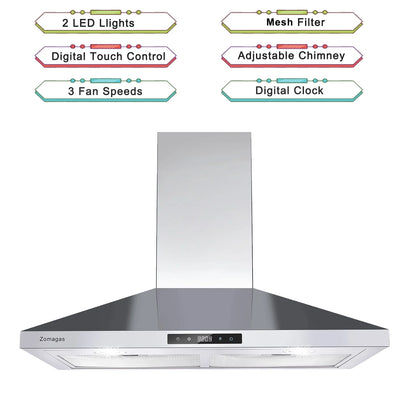 Wall Mount Range Hood 30 inch Stainless Steel Stove Hood Ducted Ductless Vent Hood Touch Control