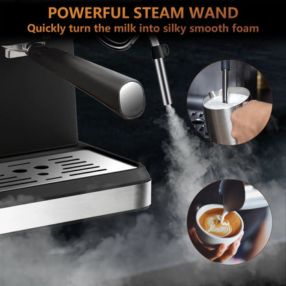Bluebow Espresso Machine 20 Bar, 1.5L Water Tank Pressure Gauge Milk Frother Steam Coffee Maker, Silver