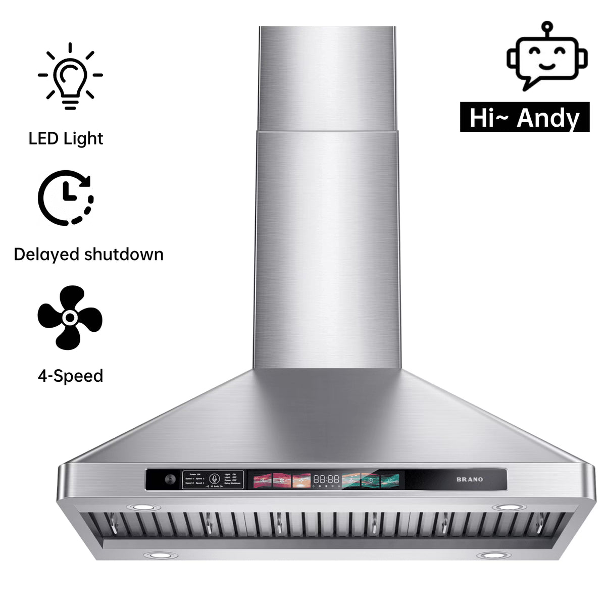 BRANO 30 Inch Wall Mount Range Hood Stainless Steel Hood, 900 CFM, Voice Control, 4-Speed
