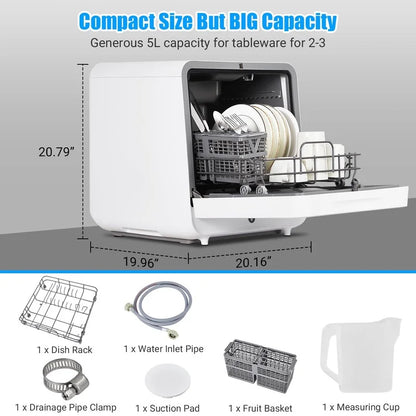 Towallmark 5 Program, Countertop Dishwasher, Portable Dishwasher with Touch Control, Air Drying Function, 2 In 1 Tabletop Dishwasher for Home Apartments, White