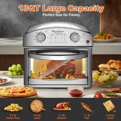 PlumChef 13 Quart 4 Slices Air Fryer Convection Toaster Oven, 1500W, 7 in 1 Multifunction with Roast, Bake, Grill, Broil, Toast, Dehydrate, Defrost, Stainless Steel