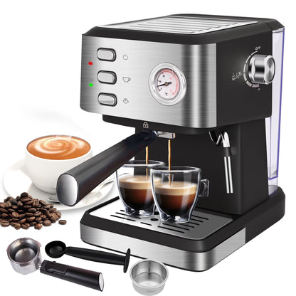 Bluebow Espresso Machine 20 Bar, 1.5L Water Tank Pressure Gauge Milk Frother Steam Coffee Maker, Silver